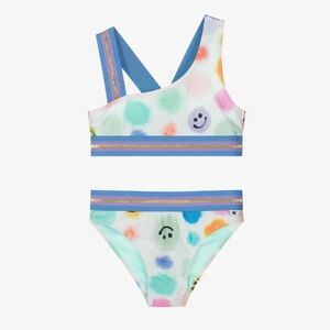 Molo Girls 2-Piece Swimsuit 🌈😊 Smiley Face Print Blue & Gold Band